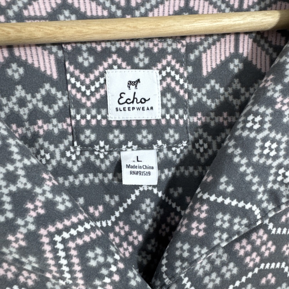 Echo Sleepwear Women's L Pajama Set Top Bottom Pants Pink Gray Stretch Button - Picture 2 of 12
